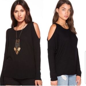 Chaser Black Waffle Knit Cold Shoulder Top